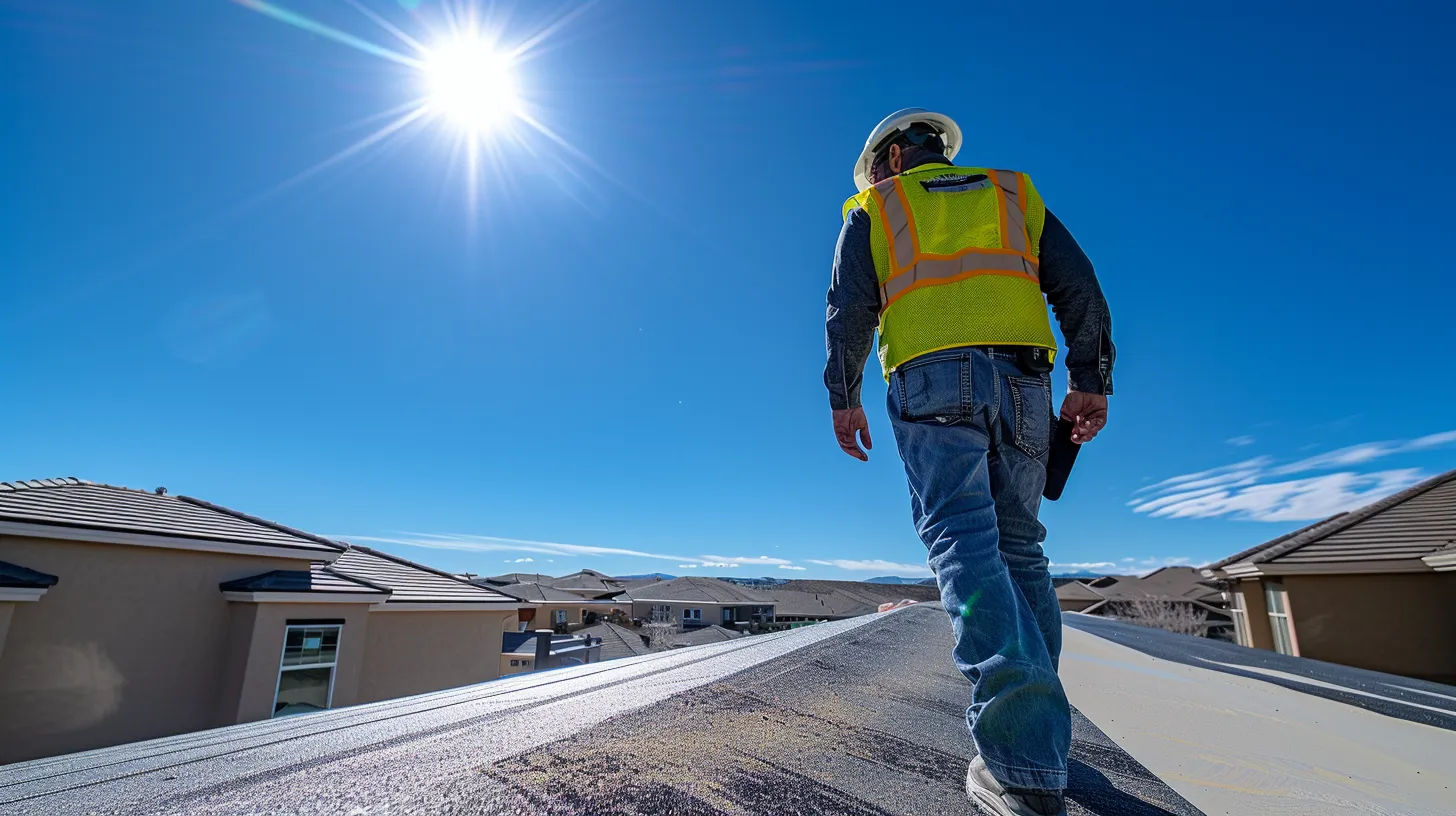 a well-equipped professional inspecting a pristine, sunlit roof, surrounded by clear blue skies, emphasizes the importance of thorough maintenance in home care.