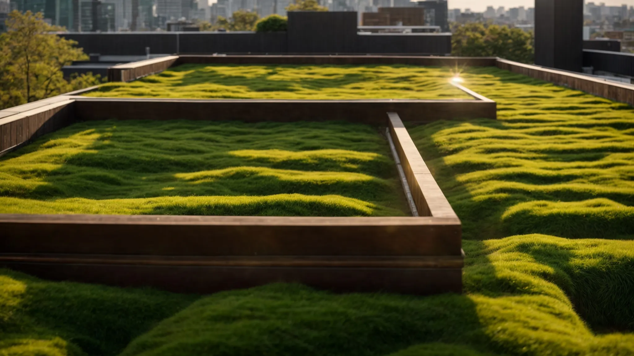 a panoramic view of a sunlit, pristine rooftop covered with vibrant green moss, showcasing the importance of routine inspections for maintaining the integrity and longevity of a home.