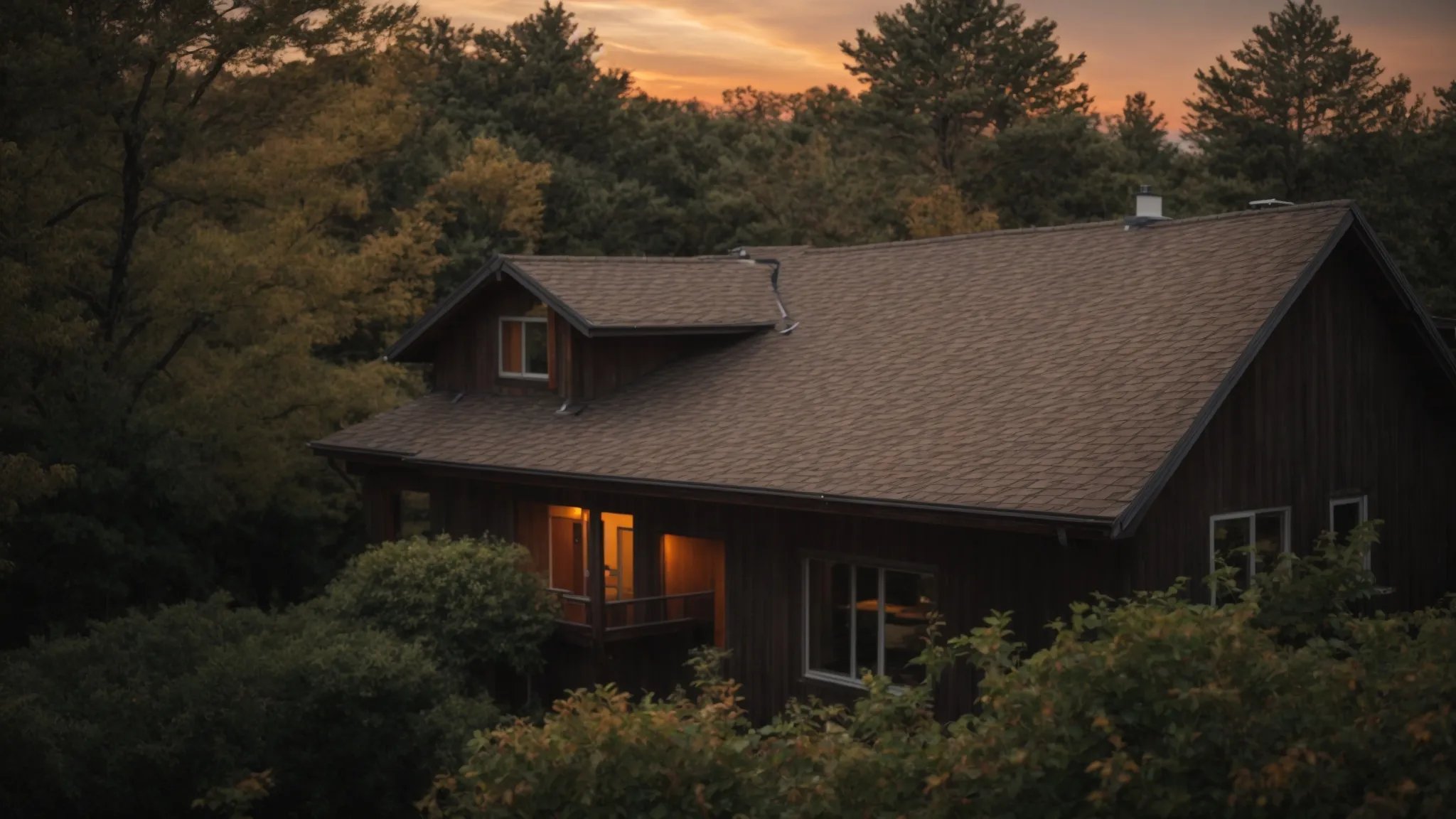 a weathered roof with missing shingles and visible sagging areas under a dramatic sunset, highlighting the urgent need for replacement and emphasizing the vulnerability of the home.