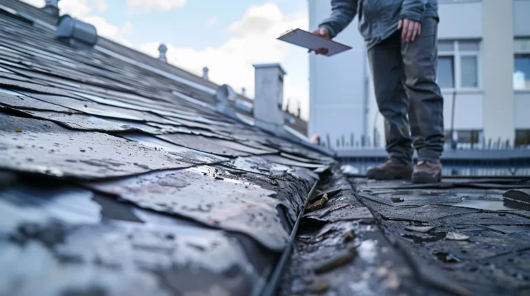 a close-up view of a professional inspecting a damaged roof with a clipboard in an urban environment, highlighting the stark contrast between the modern building and the visible storm damage across the roof's surface.