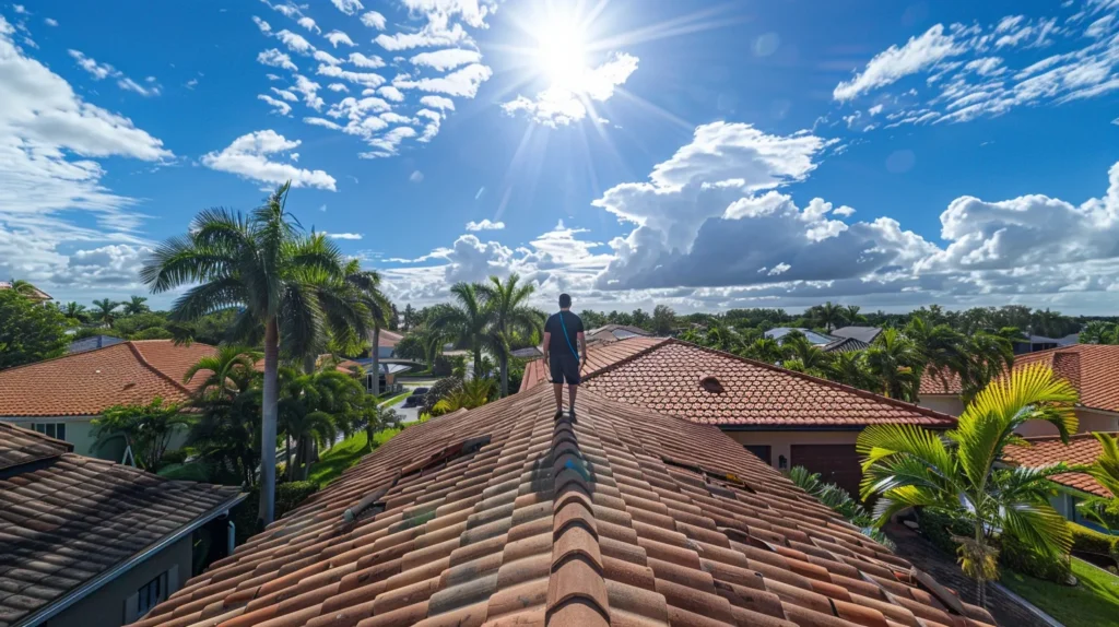 a panoramic view captures a professional roof inspector diligently assessing a vibrant, sunlit roof in a pristine cape coral neighborhood, framed by clear blue skies and lush greenery.