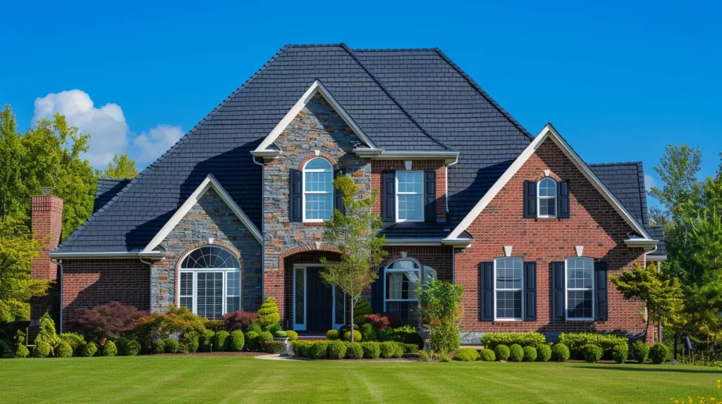 a sleek, modern house in chantilly, virginia, prominently displays its stylish asphalt shingle roofing against a clear blue sky, showcasing contemporary architectural design and vibrant exterior.