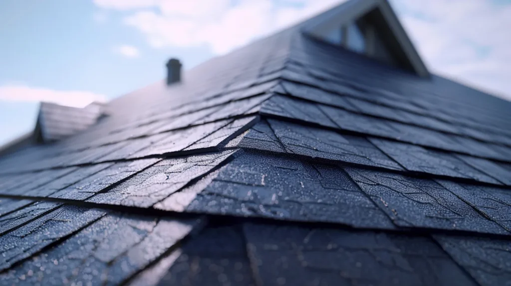 A close-up view of a beautifully designed house roof, featuring high-quality asphalt shingles with a deep charcoal color. The roof has a steep pitch, multiple gables, and intricate architectural details. The background shows a clear blue sky with soft clouds, and the sunlight casts realistic shadows, highlighting the texture of the shingles. The house itself has a modern yet timeless appeal, with elegant trim and a well-maintained exterior. The image is sharp and highly detailed, with a professional, photorealistic style.