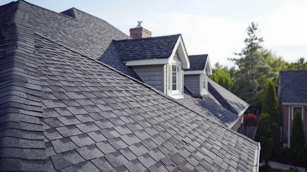 Generate an image of a high-quality residential roof in Chantilly, VA. The roof should feature modern architectural shingles in a deep charcoal or slate gray color, with clean, precise lines. The house beneath the roof should reflect the local style—either a classic colonial, craftsman, or modern suburban home—with brick or stone accents. The sky should be bright and clear, casting natural light that highlights the texture and durability of the shingles. The perspective should focus on the roof, showing details like ridge vents, gutters, and flashing, ensuring a professional and well-maintained appearance.