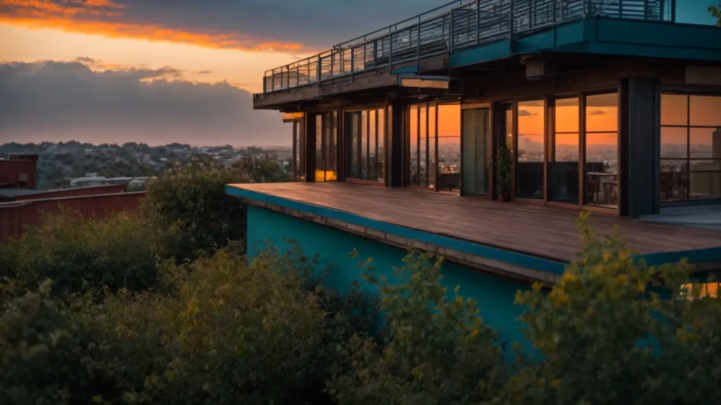 a vibrant sunrise illuminates a well-maintained rooftop, showcasing the resilience and durability of a meticulously cared-for structure against a backdrop of clear blue sky.