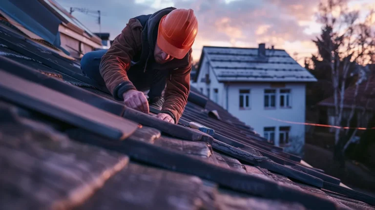 a close-up shot of a professional roofing inspector examining a section of a weathered roof under artificial lighting in a modern office setting, highlighting the tools and materials used for assessing roof integrity after severe weather.