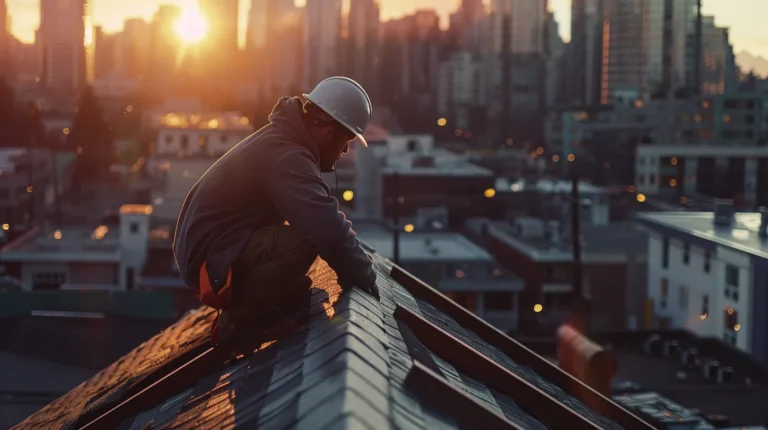 a detailed close-up of a professional inspector meticulously examining a roof from a rooftop vantage point, surrounded by city skyline buildings, showcasing the seriousness and expertise of home inspection before purchase.
