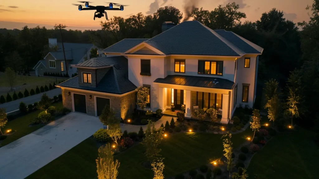 a modern home exterior at dusk, showcasing a pristine roof with a hardworking inspector using a high-tech drone to conduct a thorough evaluation, illuminated by the warm glow of strategically placed outdoor lights to emphasize the home's curb appeal and value.