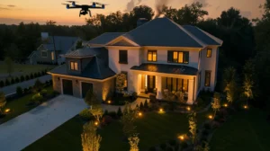 a modern home exterior at dusk, showcasing a pristine roof with a hardworking inspector using a high-tech drone to conduct a thorough evaluation, illuminated by the warm glow of strategically placed outdoor lights to emphasize the home's curb appeal and value.