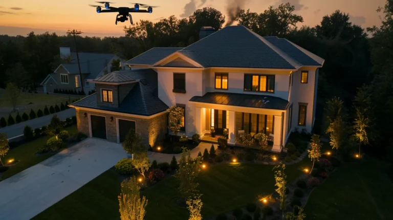 a modern home exterior at dusk, showcasing a pristine roof with a hardworking inspector using a high-tech drone to conduct a thorough evaluation, illuminated by the warm glow of strategically placed outdoor lights to emphasize the home's curb appeal and value.