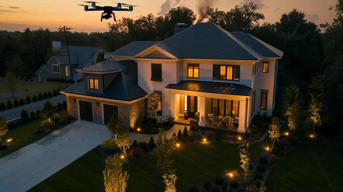 a modern home exterior at dusk, showcasing a pristine roof with a hardworking inspector using a high-tech drone to conduct a thorough evaluation, illuminated by the warm glow of strategically placed outdoor lights to emphasize the home's curb appeal and value.