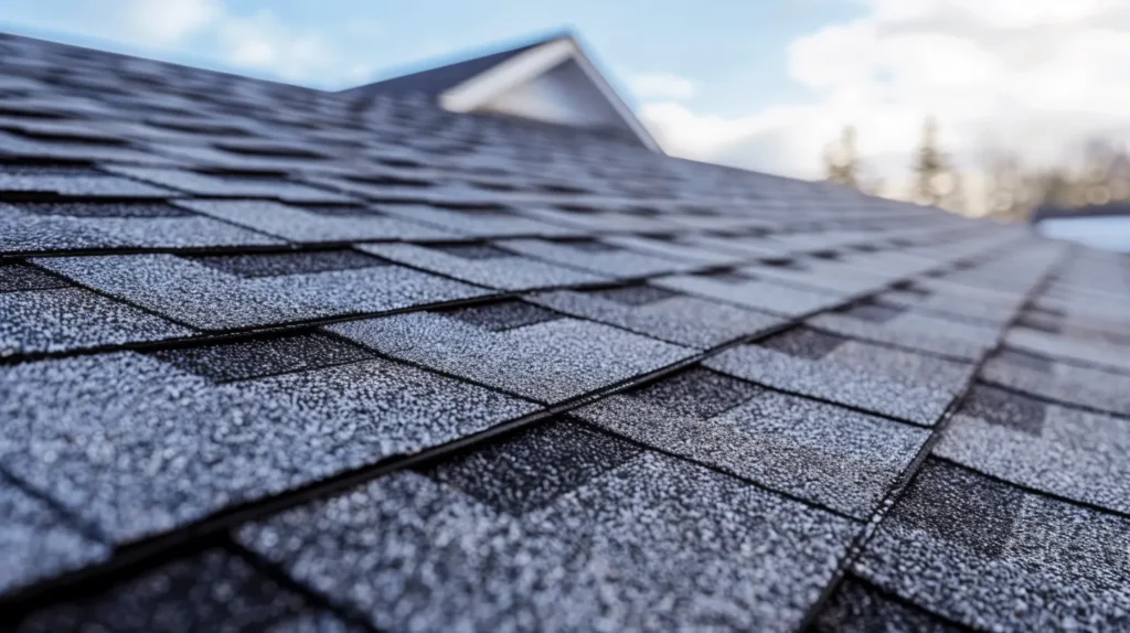 A close-up view of a beautifully designed house roof, featuring high-quality asphalt shingles with a deep charcoal color. The roof has a steep pitch, multiple gables, and intricate architectural details. The background shows a clear blue sky with soft clouds, and the sunlight casts realistic shadows, highlighting the texture of the shingles. The house itself has a modern yet timeless appeal, with elegant trim and a well-maintained exterior. The image is sharp and highly detailed, with a professional, photorealistic style.