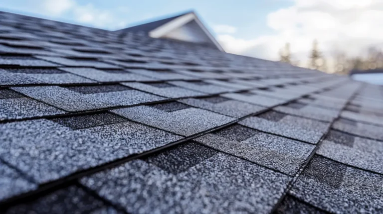 A close-up view of a beautifully designed house roof, featuring high-quality asphalt shingles with a deep charcoal color. The roof has a steep pitch, multiple gables, and intricate architectural details. The background shows a clear blue sky with soft clouds, and the sunlight casts realistic shadows, highlighting the texture of the shingles. The house itself has a modern yet timeless appeal, with elegant trim and a well-maintained exterior. The image is sharp and highly detailed, with a professional, photorealistic style.