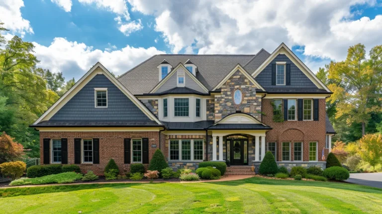 Generate an image of a high-quality residential roof in Chantilly, VA. The roof should feature modern architectural shingles in a deep charcoal or slate gray color, with clean, precise lines. The house beneath the roof should reflect the local style—either a classic colonial, craftsman, or modern suburban home—with brick or stone accents. The sky should be bright and clear, casting natural light that highlights the texture and durability of the shingles. The perspective should focus on the roof, showing details like ridge vents, gutters, and flashing, ensuring a professional and well-maintained appearance.